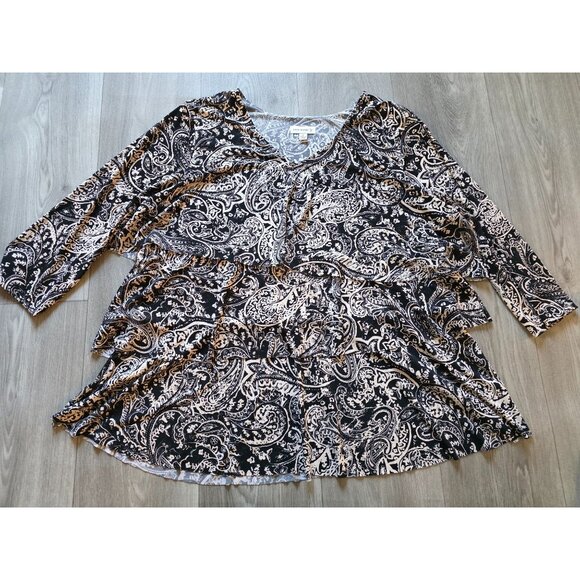 Susan Graver XL Black & White Paisley Print Tunic Top 3/4 Sleeves Liquid Knit - Picture 4 of 9